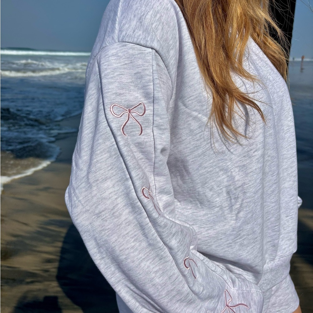 Gray Sweatshirt with Pink Bow Accents